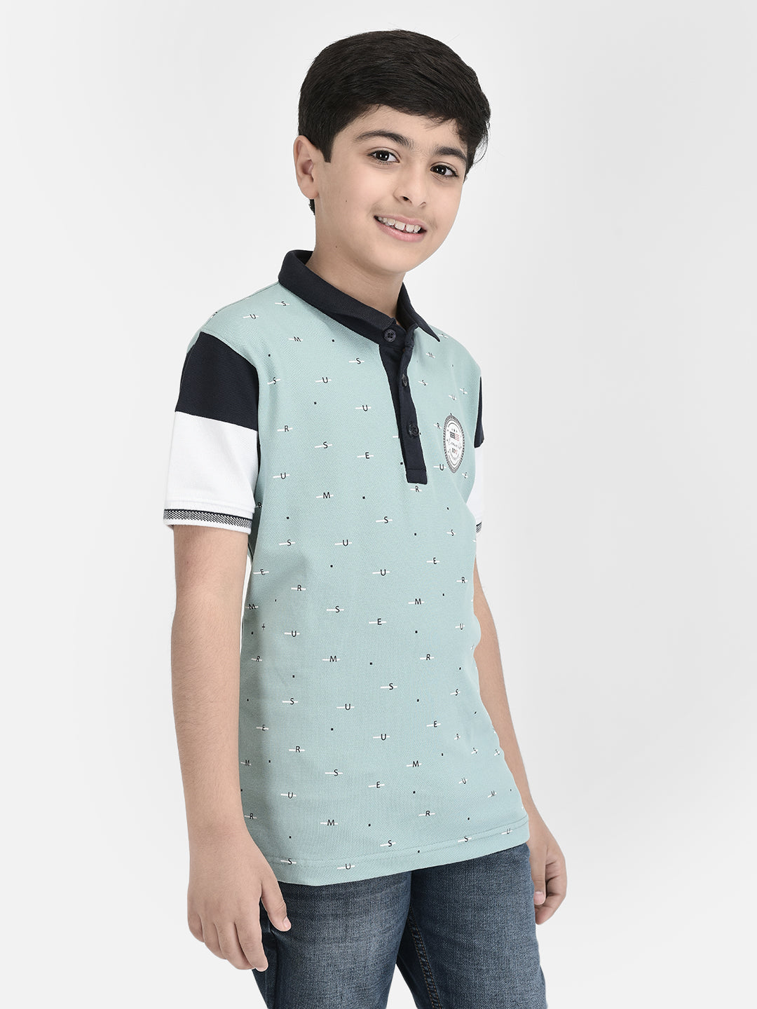  Blue Polo Neck Printed T-shirt