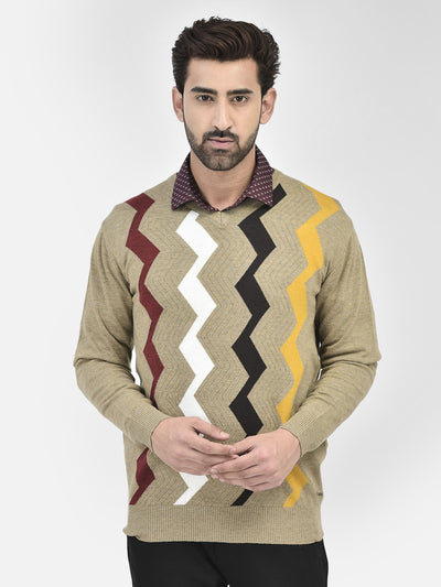 Beige Printed V-Neck Sweaters.