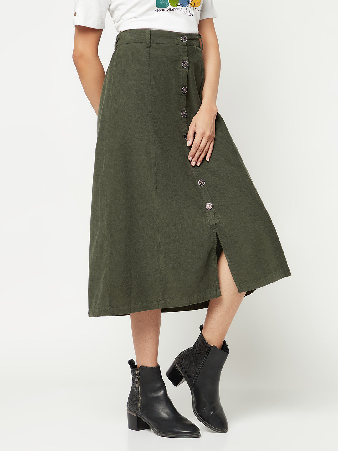  Olive Corduroy A-Line Skirt
