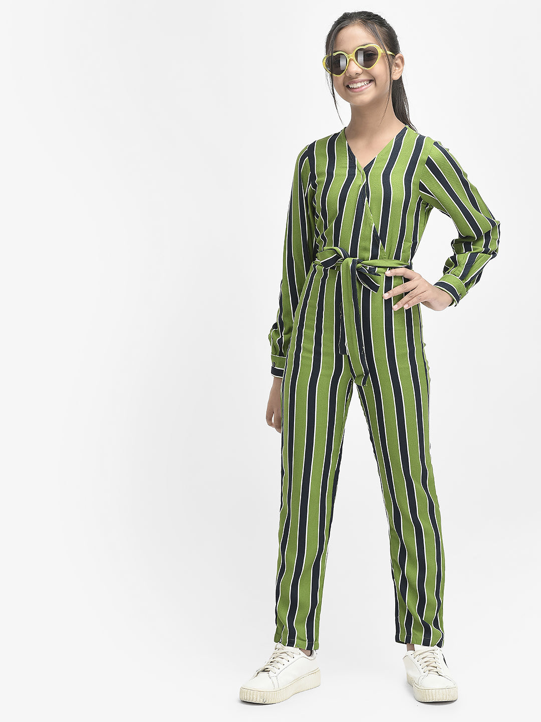  Olive Striped V-Neck Jumpsuit