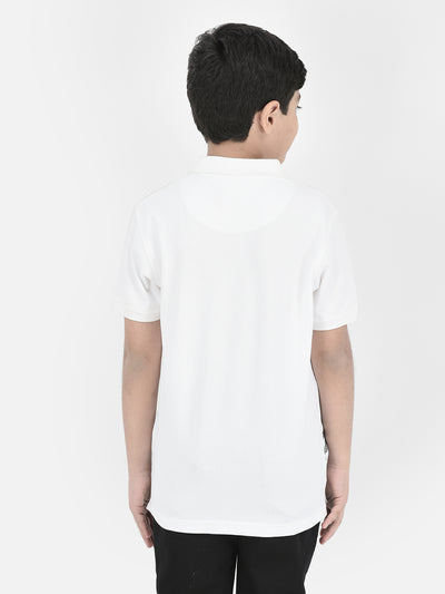  White Printed Polo Neck T-shirt