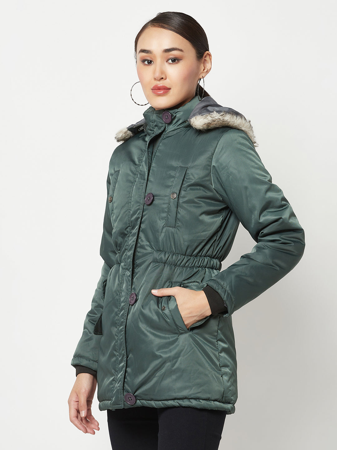 Green Puffer Jacket With Faux Fur