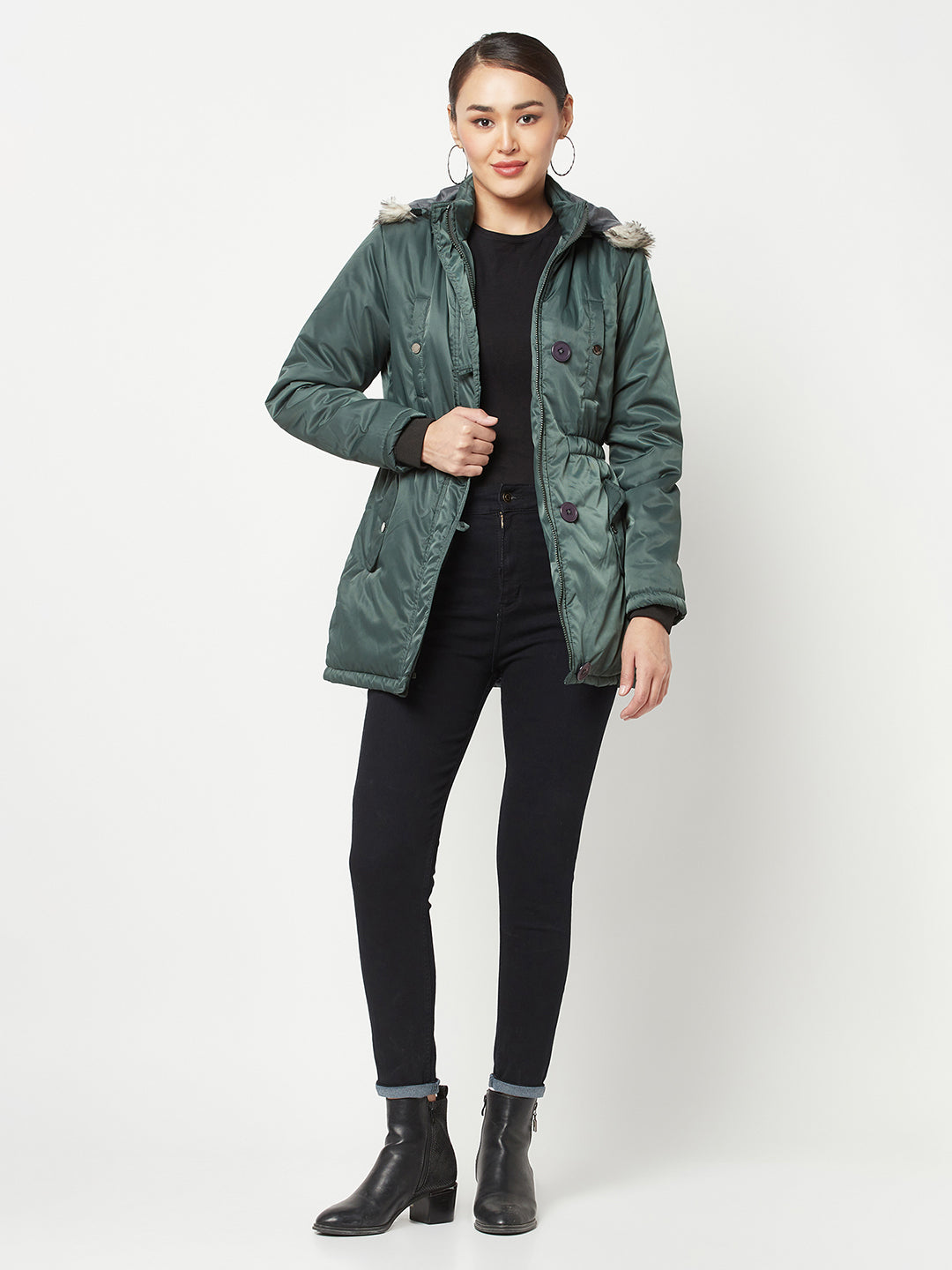 Green Puffer Jacket With Faux Fur