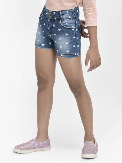  Blue Printed Denim Shorts