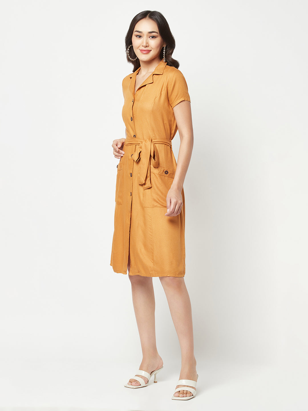  Mustard Tie Belt Shirt Dress