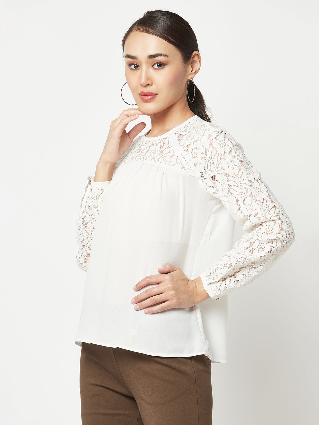  White Floral Self Design Top