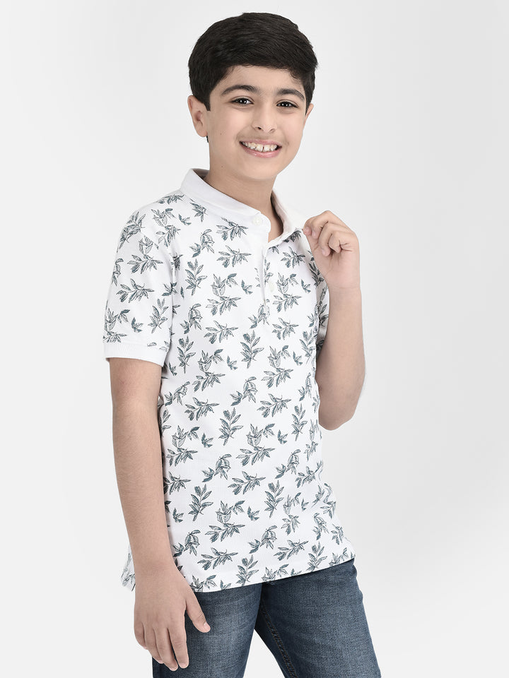  White Polo Neck Floral T-shirt