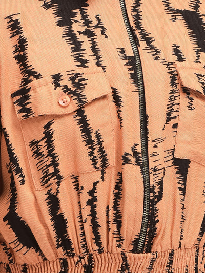 Orange Printed Dress With Shirt Collar