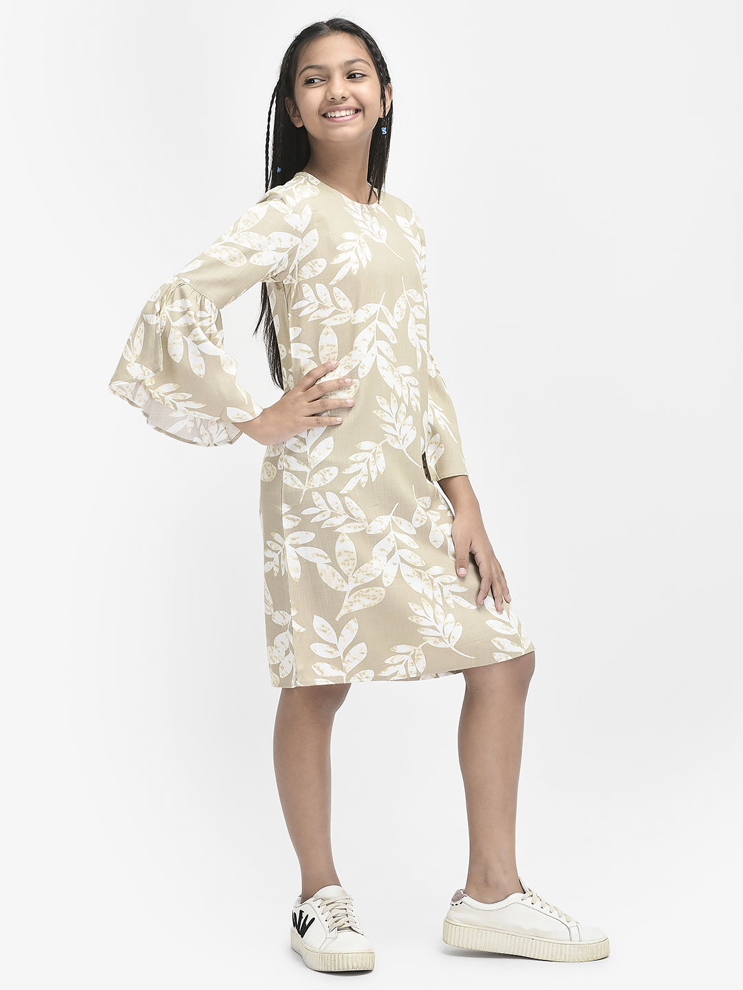 Beige Floral Knee Length Dress