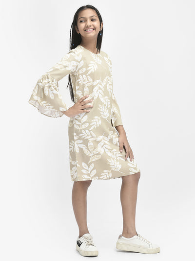 Beige Floral Knee Length Dress