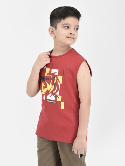  Red Printed Sleeveless T-shirt