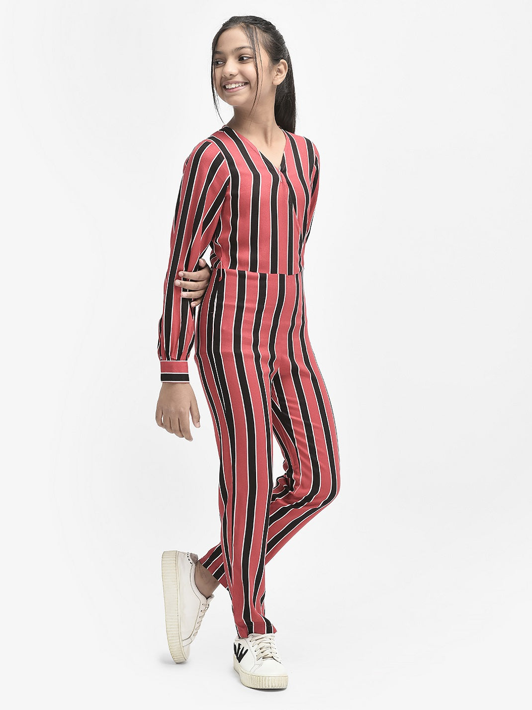  Pink Striped V-Neck Jumpsuit