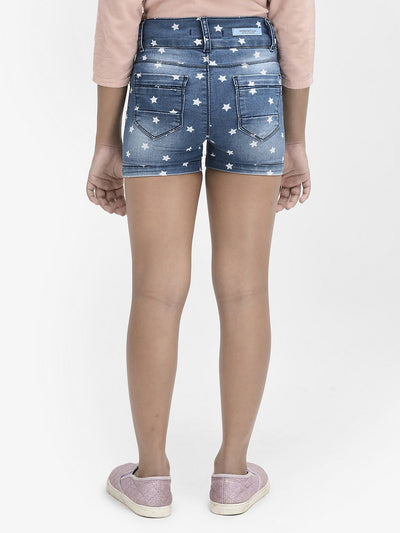  Blue Printed Denim Shorts