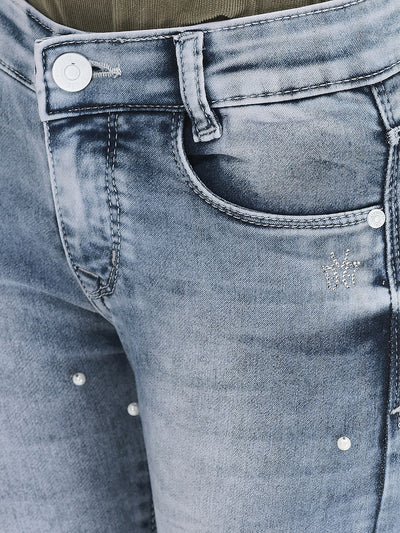  Light Blue Heavy Washed Embellished Jeans