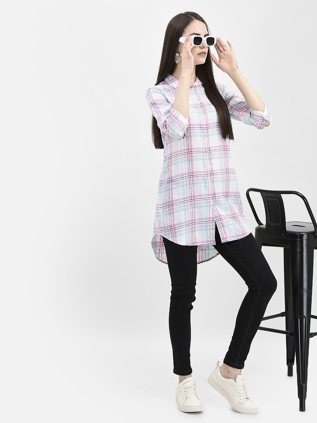 Windowpane Checked Multi Longline Shirt