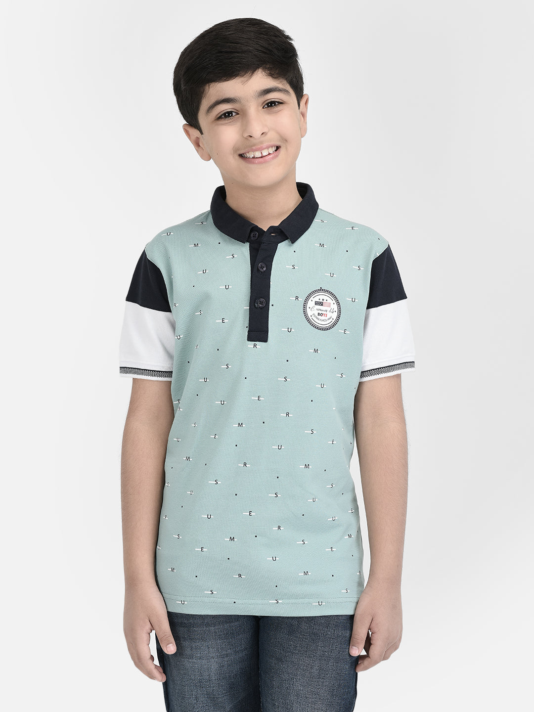  Blue Polo Neck Printed T-shirt