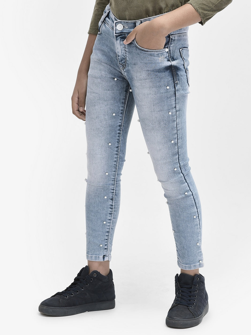  Light Blue Heavy Washed Embellished Jeans