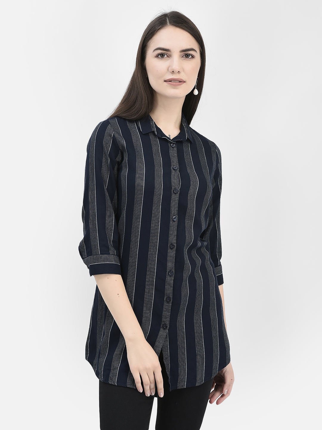 Vertical Striped Navy Blue Longline Shirt