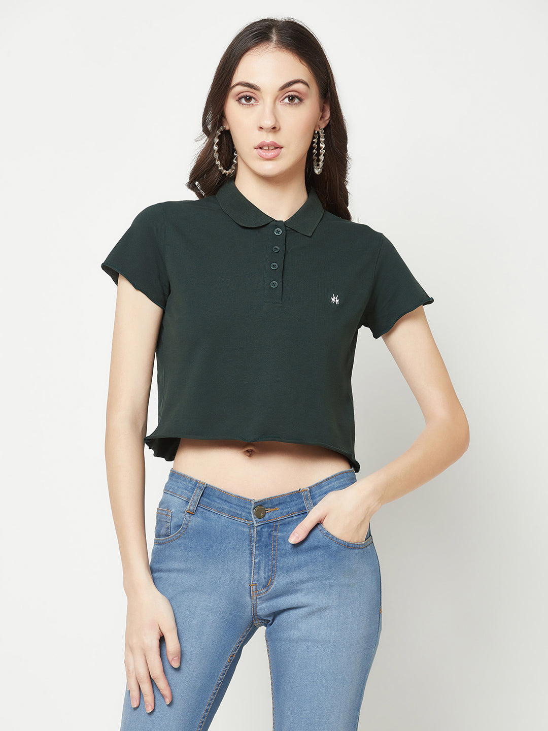 Green Cropped Cotton Polo T-shirt