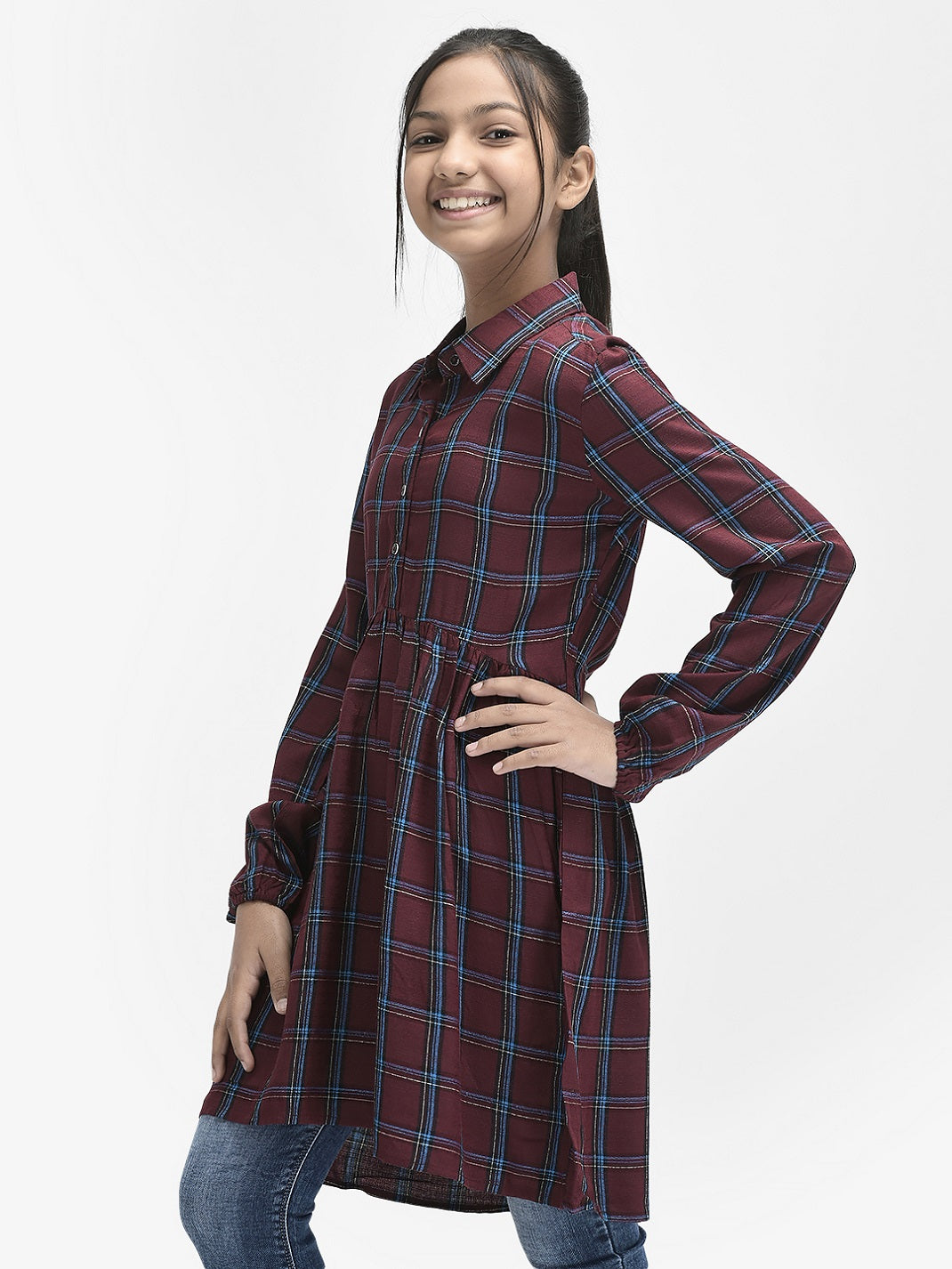  Wine Checked Shirt Dress