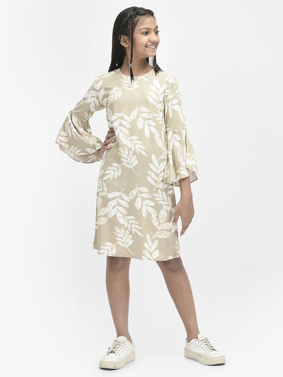 Beige Floral Knee Length Dress