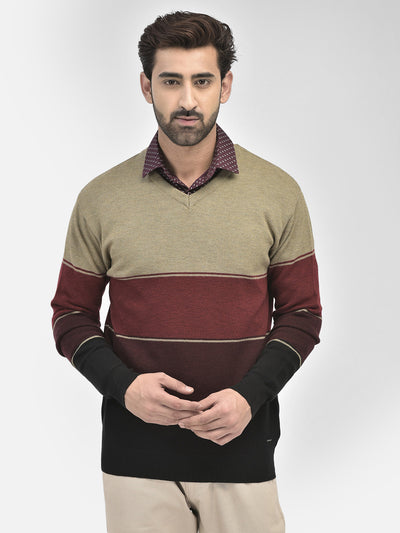 Brown Colourblocked V-Neck Sweaters.