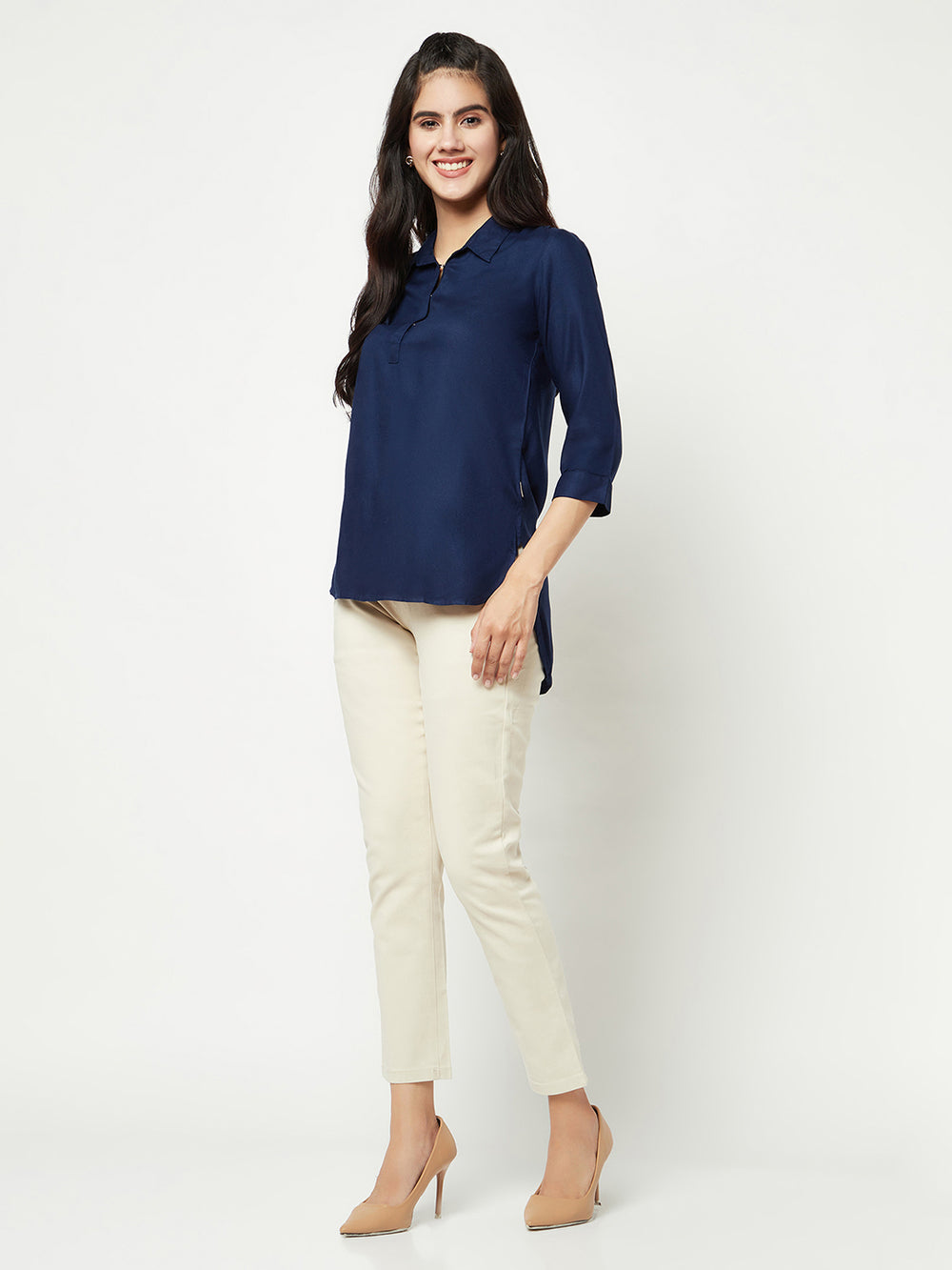  Navy Blue Top With Shirt Collar