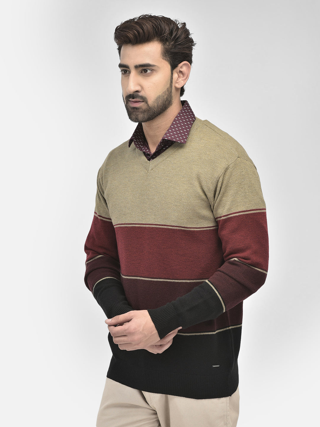 Brown Colourblocked V-Neck Sweaters.