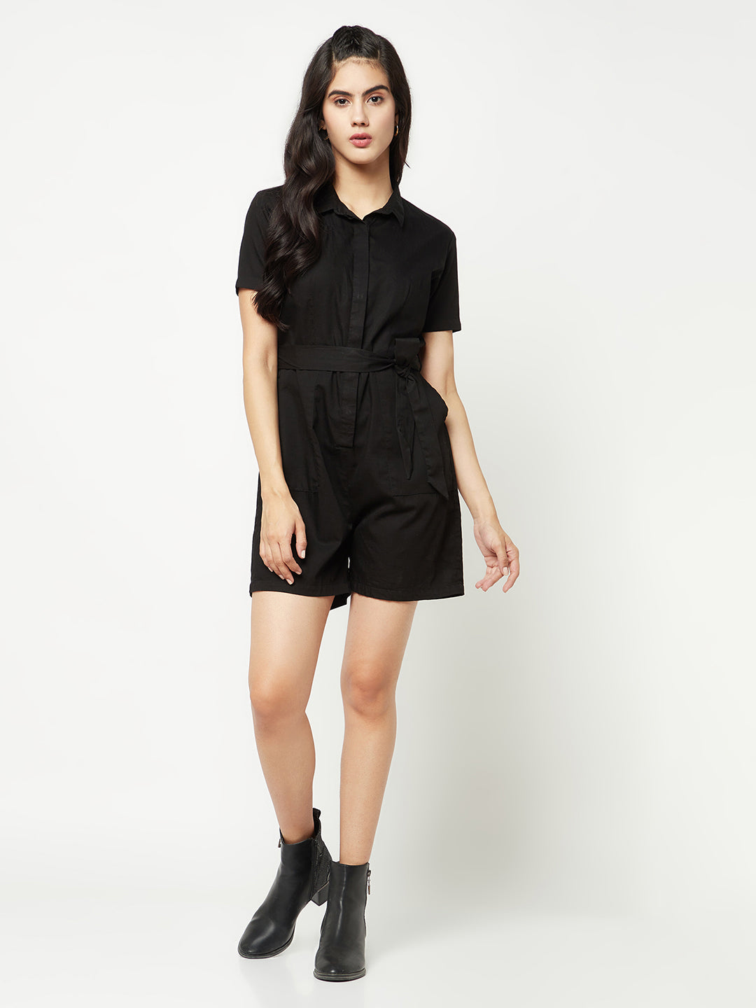 Black Shirt Collar Jumpsuit With Belt