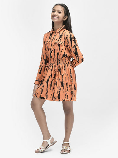 Orange Printed Dress With Shirt Collar