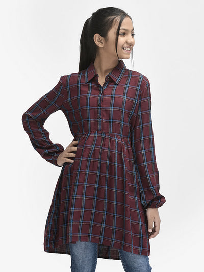  Wine Checked Shirt Dress