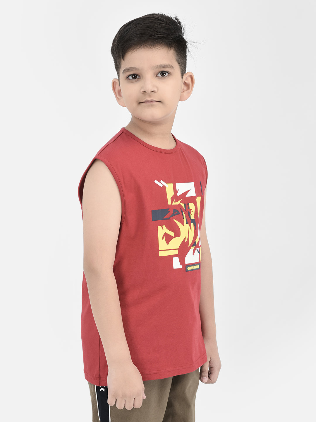  Red Printed Sleeveless T-shirt