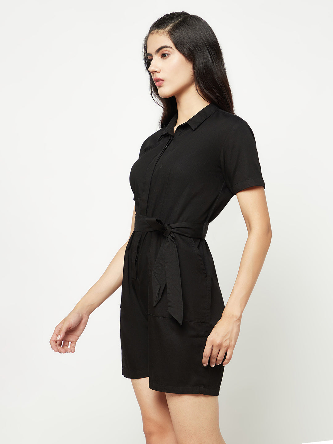  Black Shirt Collar Jumpsuit With Belt