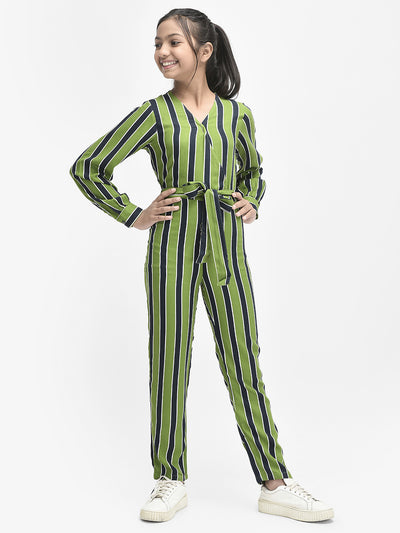  Olive Striped V-Neck Jumpsuit
