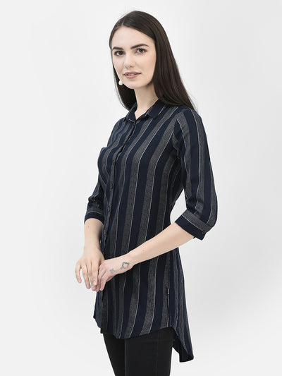 Vertical Striped Navy Blue Longline Shirt