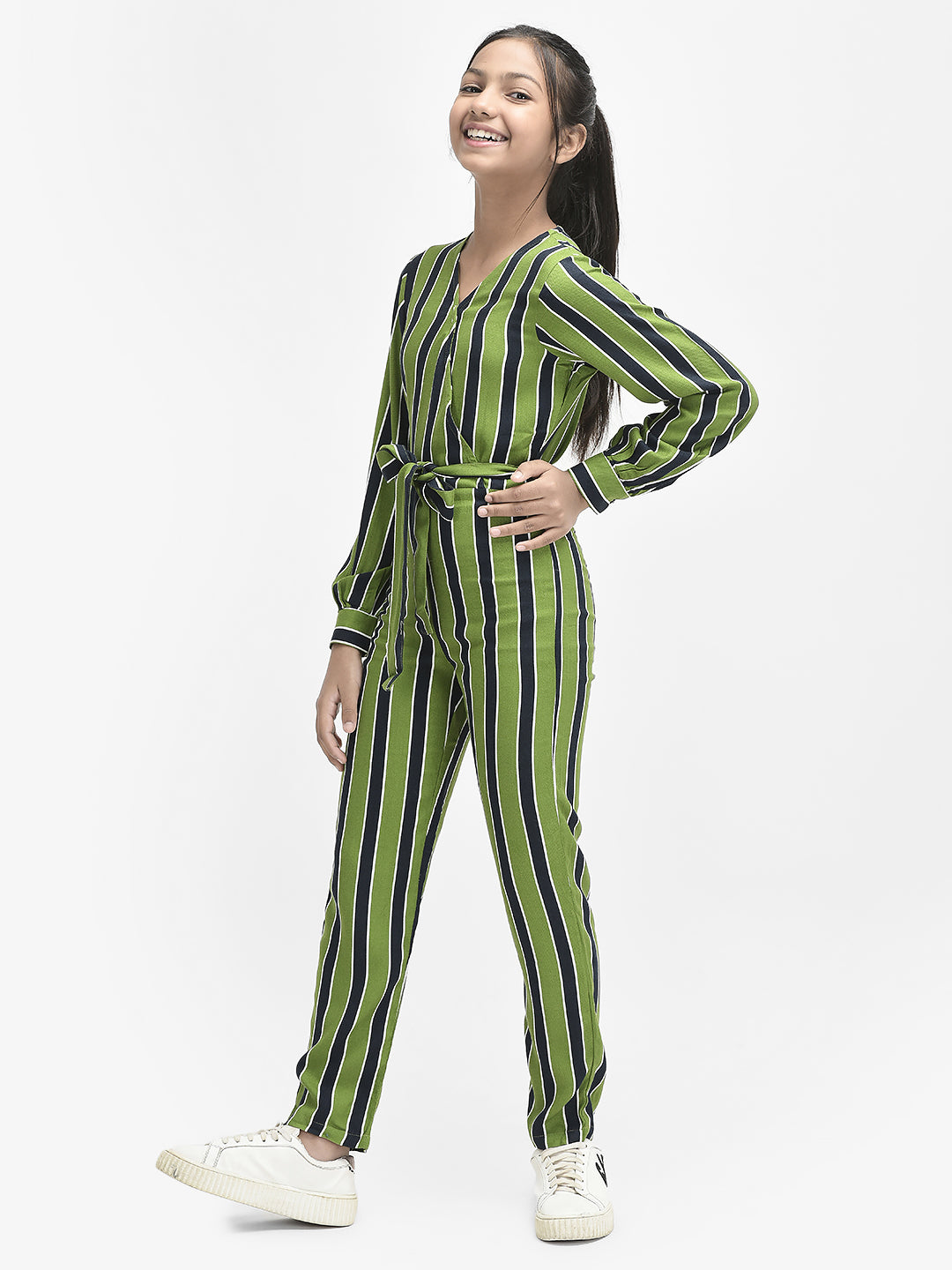  Olive Striped V-Neck Jumpsuit