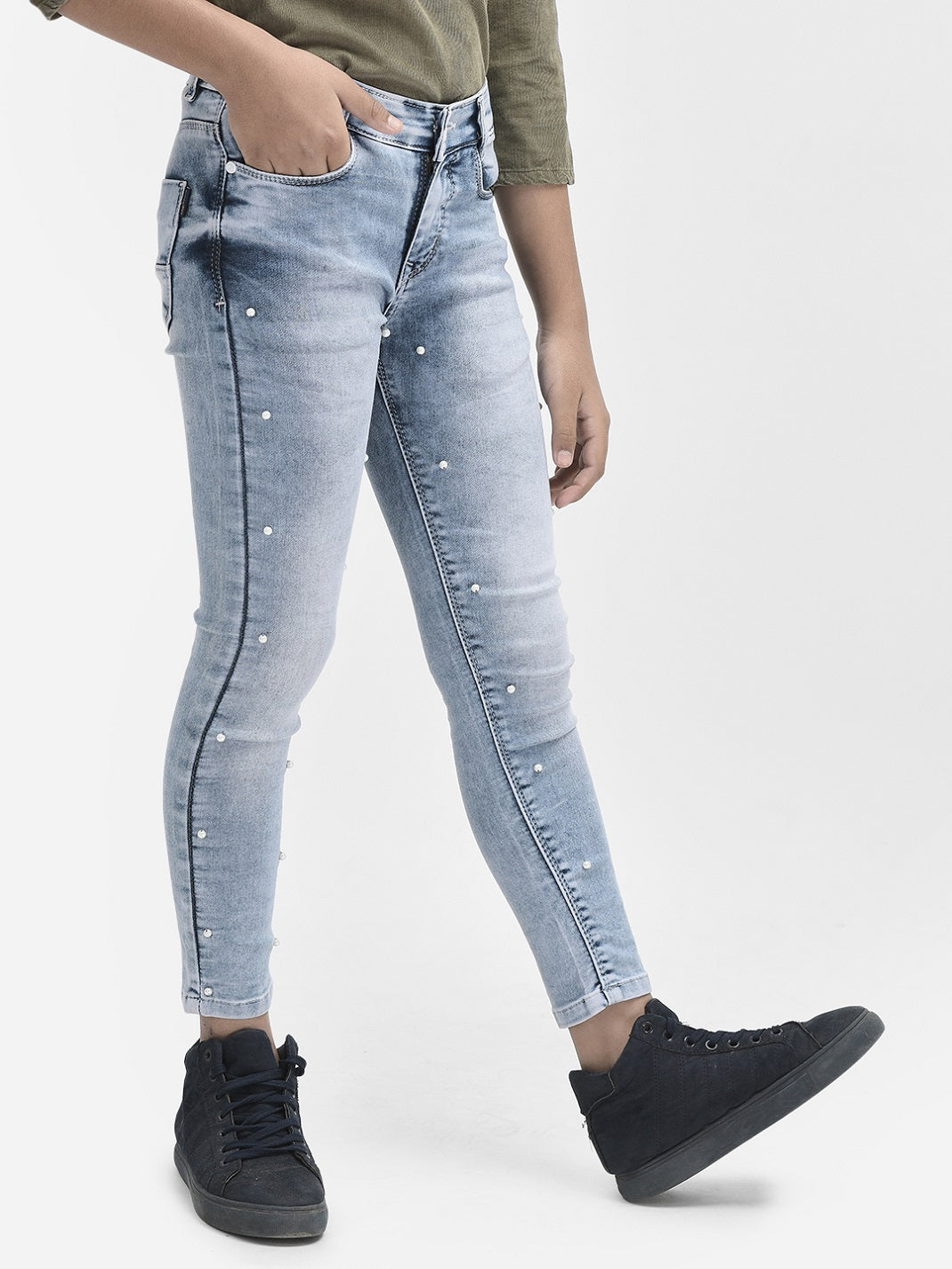  Light Blue Heavy Washed Embellished Jeans