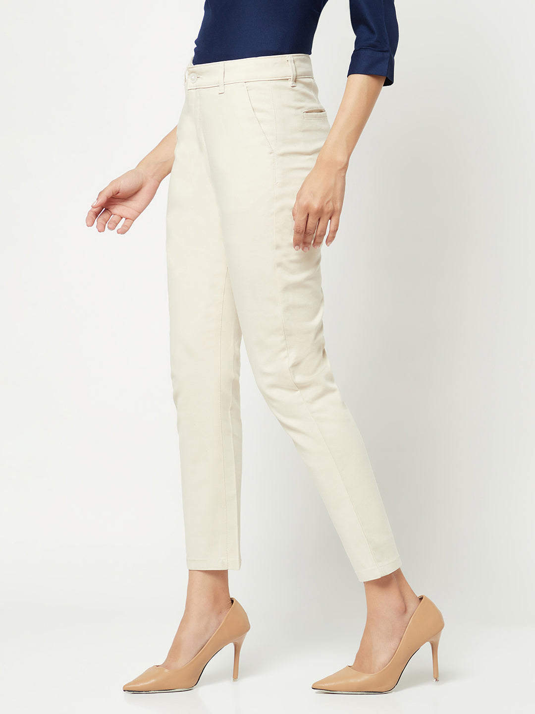  Cream Slim Cotton Trousers