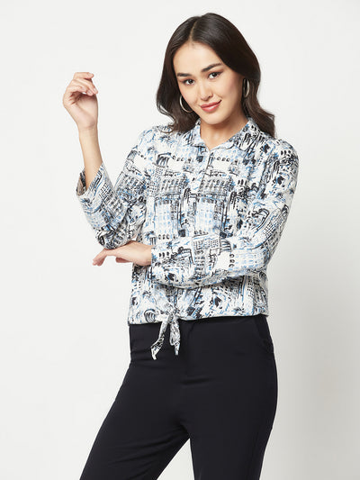 White Printed Shirt with Knot detail
