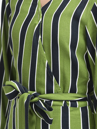  Olive Striped V-Neck Jumpsuit