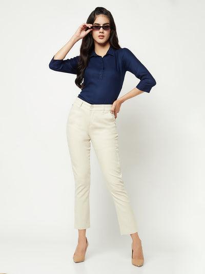  Cream Slim Cotton Trousers