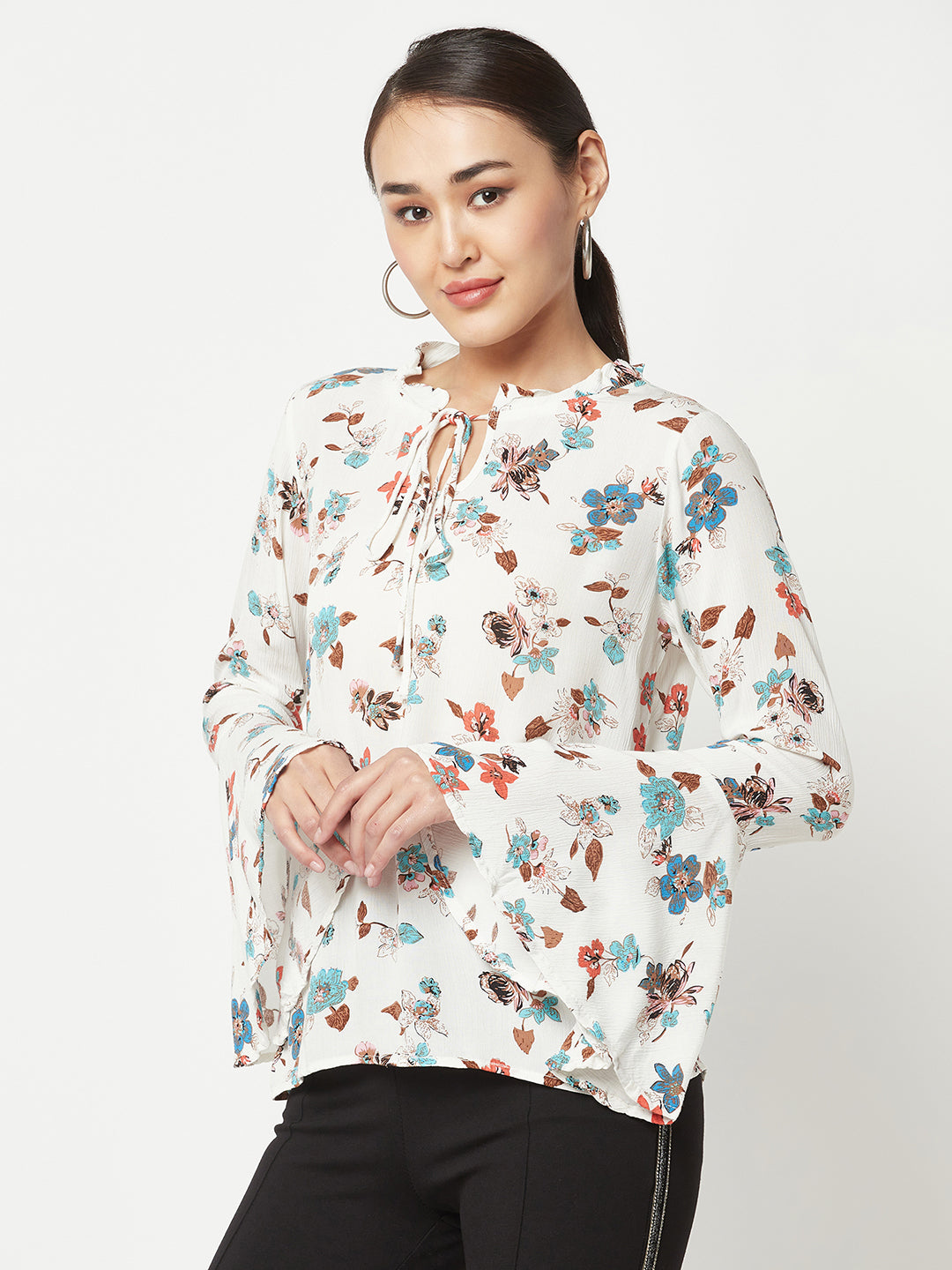  White Floral Top with Knot detail