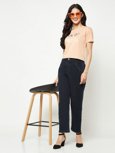  Navy Blue Mom Fit Pleated Jeans