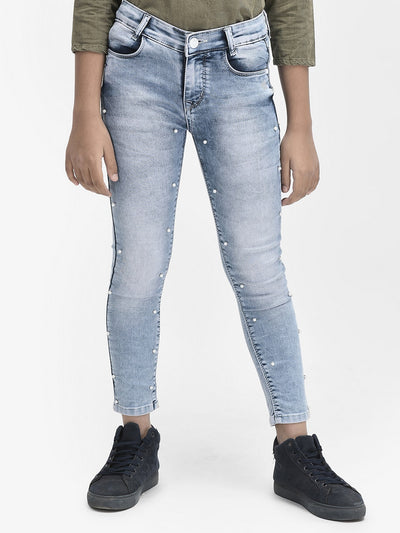  Light Blue Heavy Washed Embellished Jeans