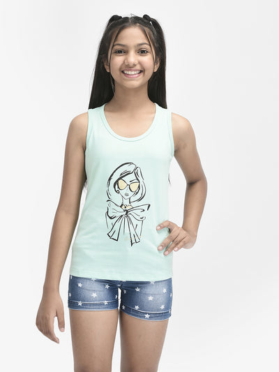  Mint Green Printed Sleeveless Tshirt