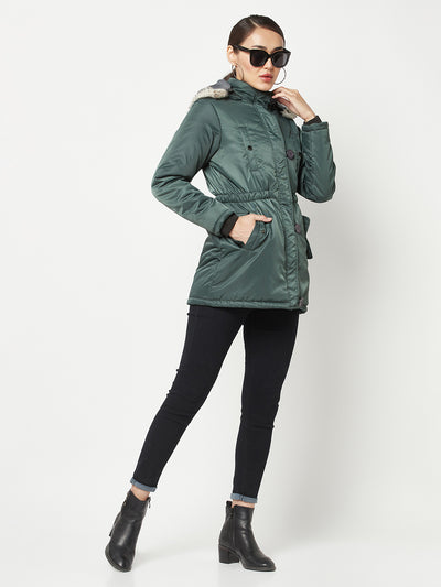 Green Puffer Jacket With Faux Fur