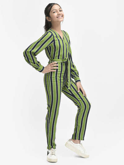  Olive Striped V-Neck Jumpsuit