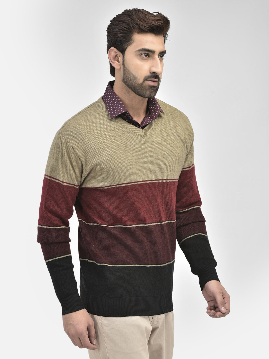 Brown Colourblocked V-Neck Sweaters.