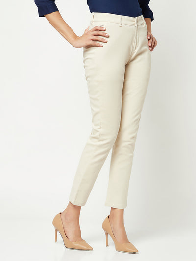  Cream Slim Cotton Trousers