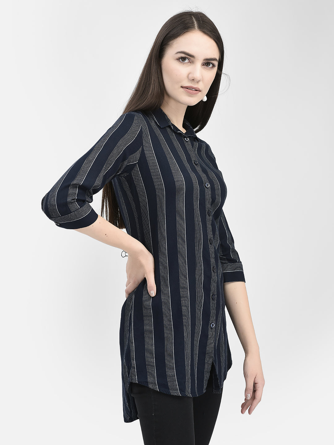 Vertical Striped Navy Blue Longline Shirt